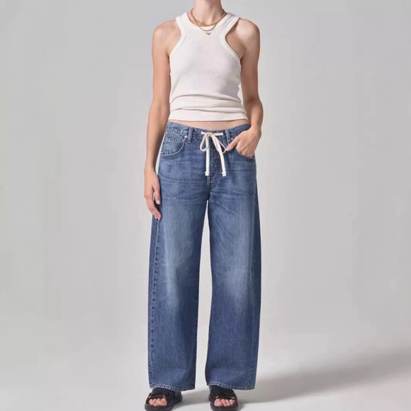 012 - Distressed Loose Denim Pants Drawstring Jeans Dark Blue - Picture 1 of 3